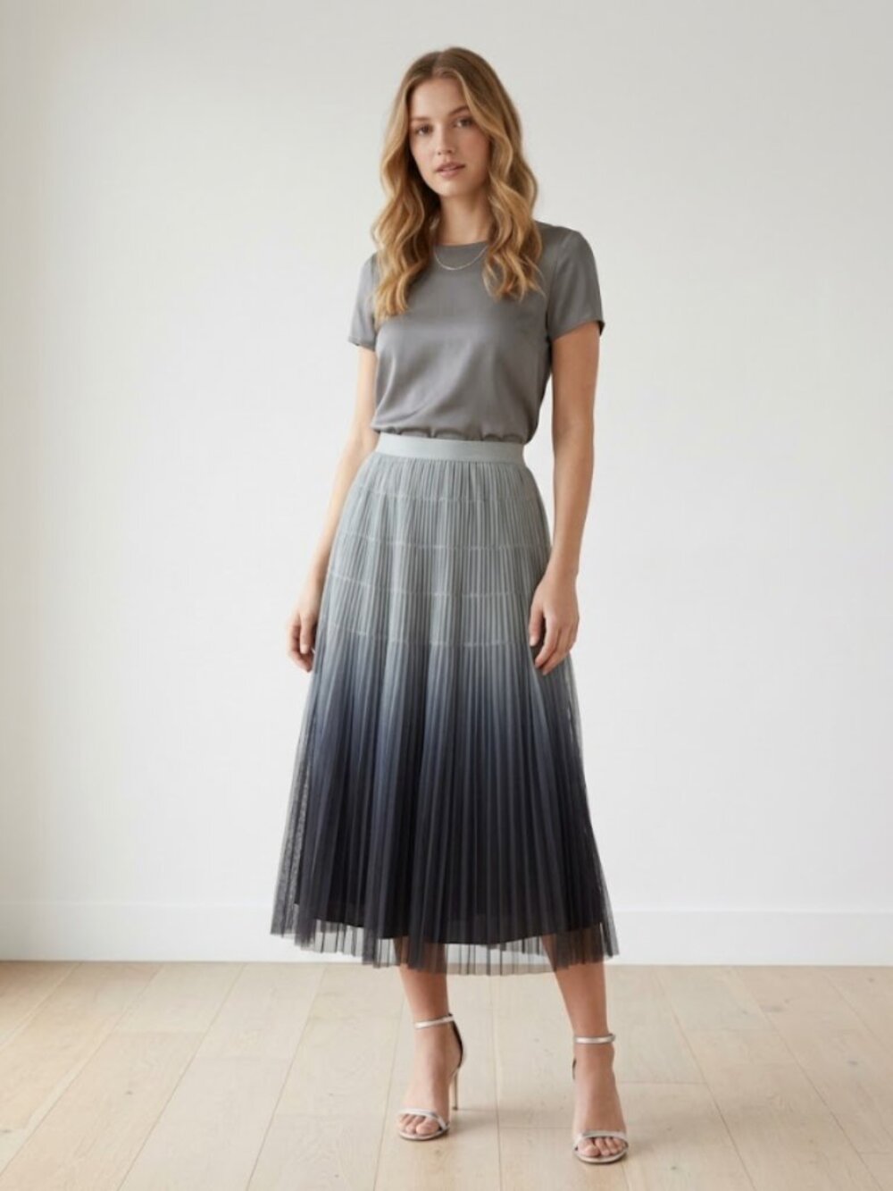 Pleated Ombre Midi Skirt Blue Navy Gradient Elastic Waist O/S 0542